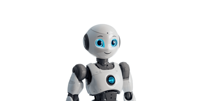 amigáveis humanóide robô com azul olhos. avançado robótica e ai tecnologia isolado em transparente fundo png