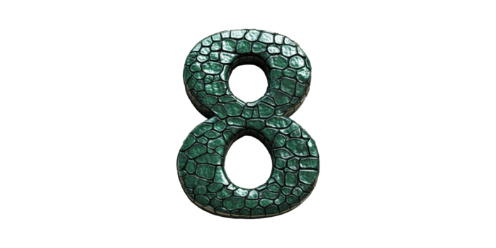 verde strutturato numero 8 con rettile pelle modello. simbolo di infinito e natura isolato su trasparente sfondo png