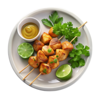 Delicious grilled chicken skewers with lime and mustard isolated on transparent background png