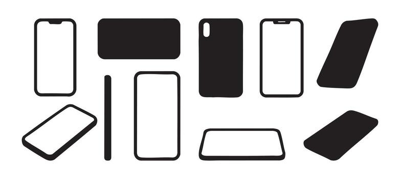 Set of Black silhouette of various smartphone and mobile phone outlines, isolated on white background, graphic illustration. concept of technology, communication, gadget, icon, design element vector