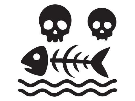 Black silhouette of environmental pollution icon with skulls and fish bones isolated on white background. concept of pollution, toxicity, danger, environmental hazard, graphic element vector