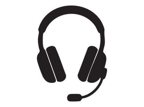 Black silhouette of headset with microphone isolated on white background, graphic illustration. concept of communication, gaming accessory, audio, call center, tech, design element vector