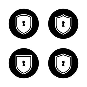 Security shield icon set in black circle. Lock keyhole symbol in privacy protection badge. Privacy lock concept vector