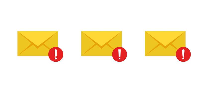Email alert icon set. Important message envelope with warning sign. Red exclamation on mail concept vector