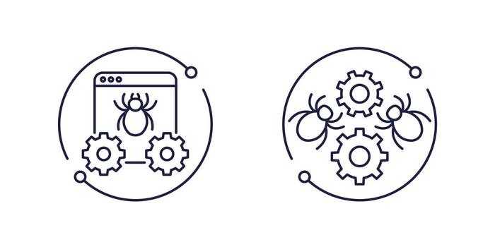 computer bugs and debugging line icons, vector