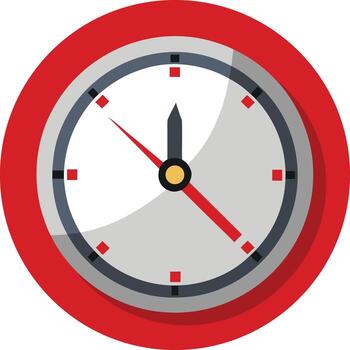 A simple red and gray clock face displays the time, conveying a sense of modern minimalism and punctuality. vector