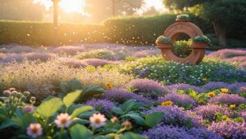 vibrante flor jardín en luz de sol con decorativo circular plantador en medio de floreciente plantas y verdor foto