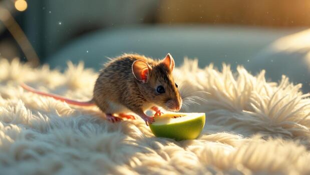 A small mouse nibbling on a slice of green fruit while resting on a fluffy blanket in soft light photo