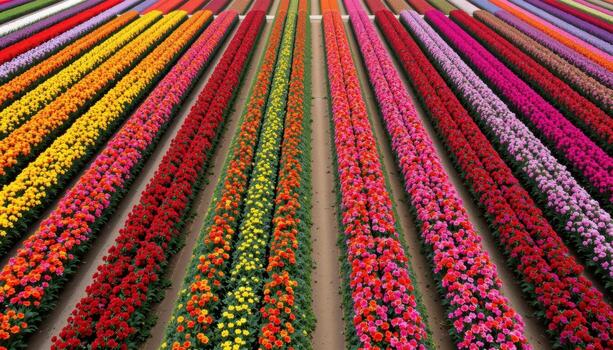 rows of decorative flowers planted in precise geometric patterns viewed from a high aerial angle. photo