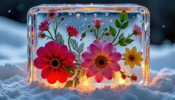decorative flowers frozen within a block of clear ice, melting slowly under warm studio lights. photo