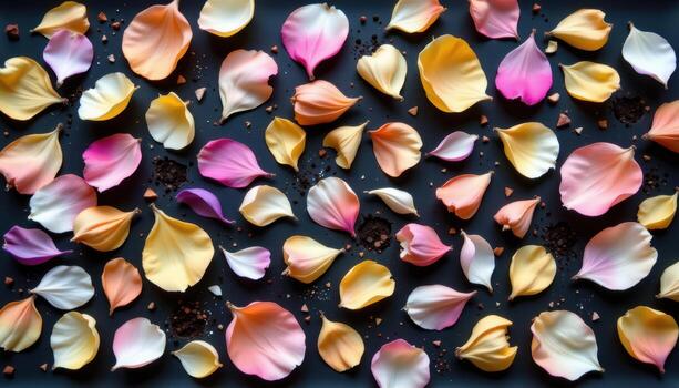 an artistic composition of loose petals arranged in swirling patterns on black paper as if blown by the wind. photo