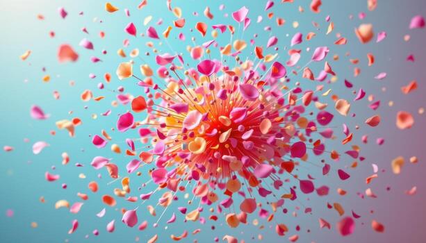 an explosion of confetti like flower petals frozen in midair over a soft pastel gradient. photo