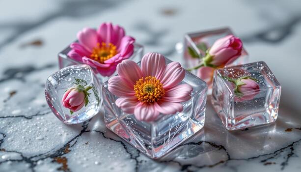 close up of ice cubes encasing flowers with intricate frost patterns on a marble slab. photo