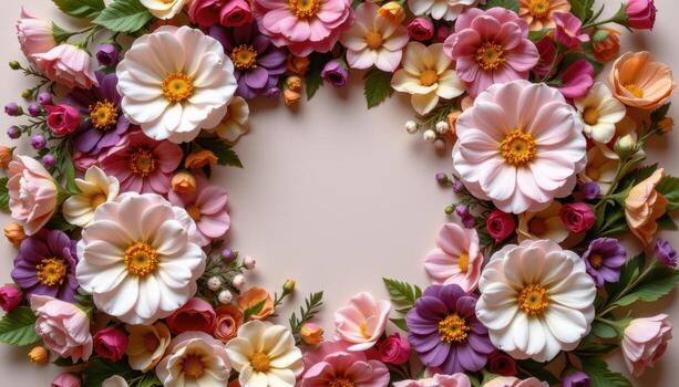 a soft focus close up of ornamental flowers layered over each other in concentric rings on a neutral background. photo