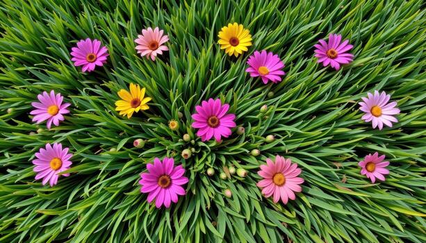 a soft bed of grass with flower heads arranged like stars in a constellation pattern. photo