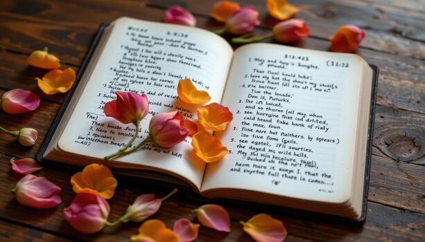 petals and stems scattered across an open book with handwritten notes and sketches. photo