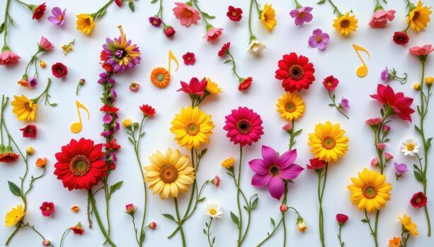 a collection of colorful flowers positioned to mimic musical notation on a white board. photo