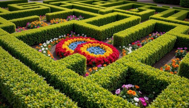a maze of hedges with the center filled with a vibrant decorative flower pattern. photo
