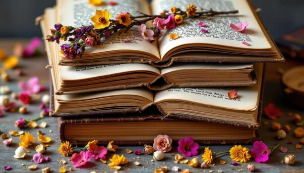 a stack of antique books with dried flowers pressed between the pages and scattered around them. photo