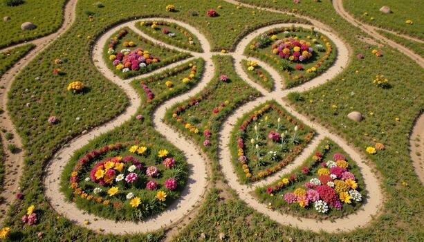 a windswept field with decorative flower patterns forming geometric shapes seen from above. photo