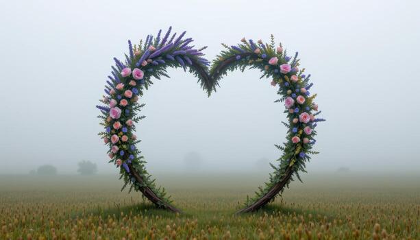 a double looped floral arch in infinity shape, formed with alternating clusters of lavender and roses, floating slightly above ground in a foggy field. photo
