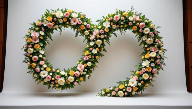 a stylized floral installation of an infinity loop made entirely of flowers and hanging vines. photo