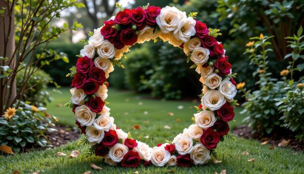 a horseshoe shaped flower arch designed with an ombre effect from light cream to deep burgundy. photo