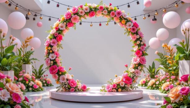 a circular frame wrapped in flower garlands floating above a mirrored platform in an abstract scene. photo
