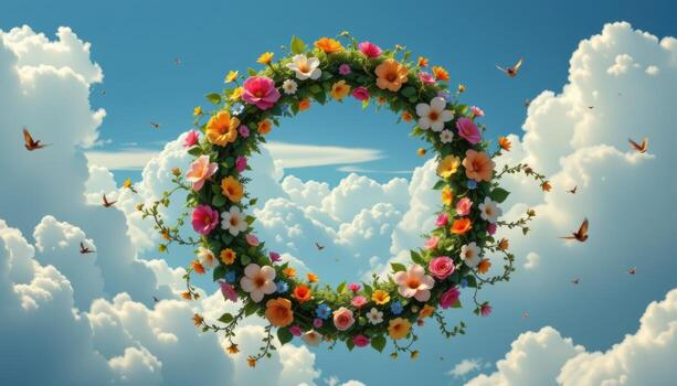 a surreal floral ring spinning gently above the earth with trailing vines slowly rotating like a clock. photo