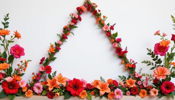 a tall triangle shaped flower frame adorned with red, pink, and orange florals in a structured zigzag pattern. photo
