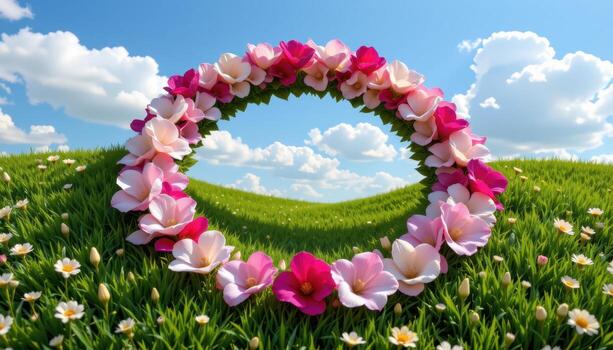 a floating loop of flower petals circling over a grassy hill with a hollow center open to sky view. photo