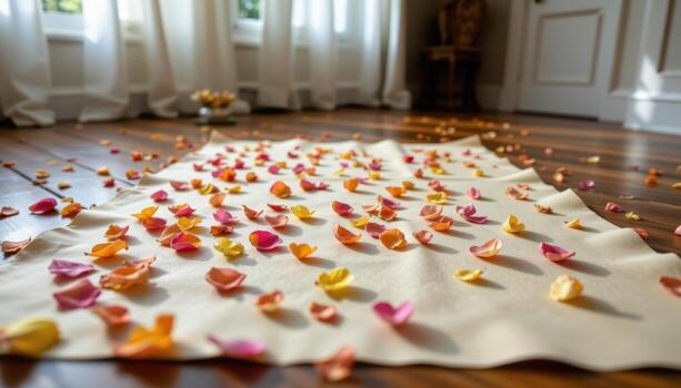un largo Desplazarse de papel desenrollado a través de el piso con flor pétalos presionado dentro cada sección. foto