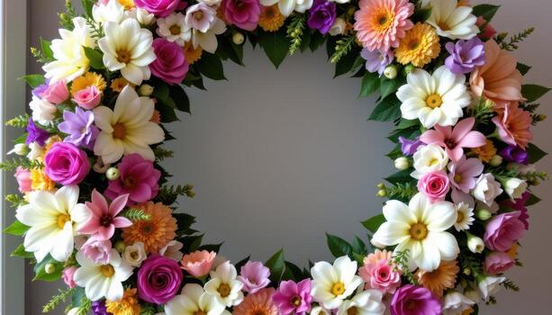 a double layered flower arch, one ring inside another, each made with a different flower type. photo