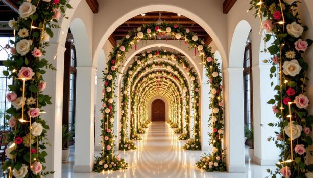a narrow passage formed by two parallel arches made of vertical floral lines and string lights. photo
