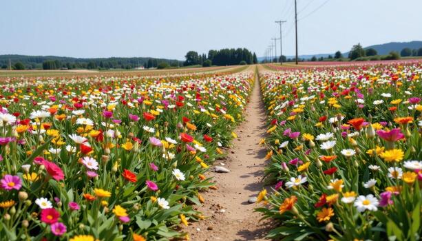 a path through a wildflower field with flowers growing in swirling patterns across the ground. photo