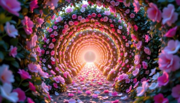 a glowing floral tunnel forming a loop through which light pours from one end to the other. photo