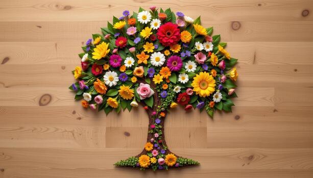 a tabletop flower composition forming the outline of a tree as seen from above. photo