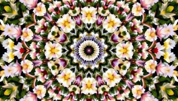 a kaleidoscopic design of mirrored flower patterns radiating outward in symmetrical circles. photo