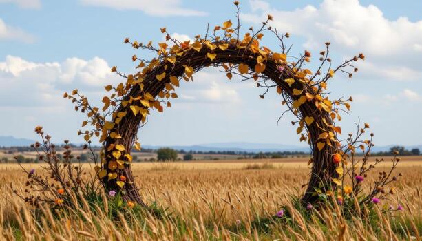 a twisted vine arch covered in autumn leaves and dried wildflowers standing in a windswept field. photo