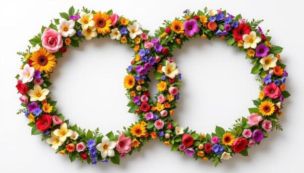 a pair of intertwined arches made of different flowers, creating a double helix shape. photo