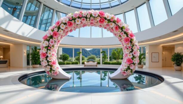 a floating elliptical flower arch forming a complete loop with perfect symmetry above a glass floor. photo