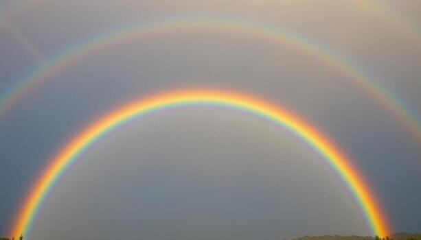 a bold rainbow arch composed of densely packed petals in seven distinct color bands under clear sky. photo