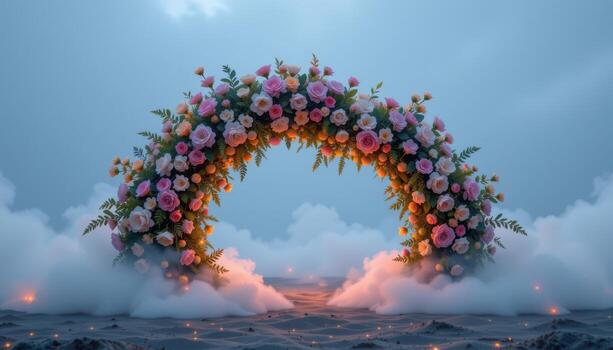 un nube conformado floral arco flotante sólo encima suelo nivel rodeado por niebla y minúsculo luces. foto