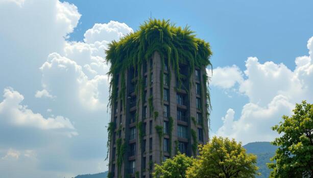a tall city building topped with thick foliage and creeping vines, existing in solitude without any human or animal interaction. photo