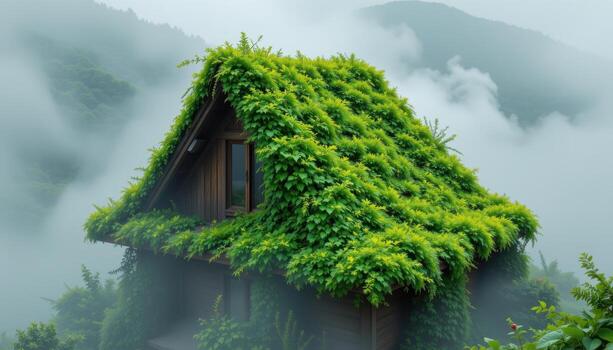 a triangular roof completely smothered in emerald foliage and gentle creeping plants, surrounded by mist and no signs of life. photo