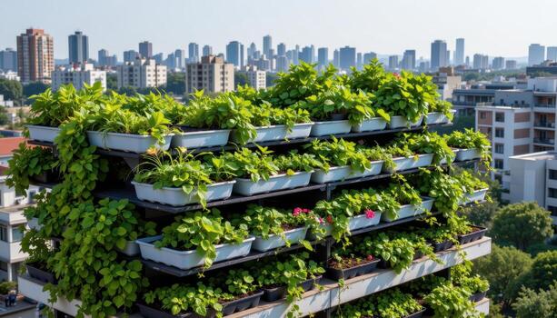 a flat building top filled with stacked plant trays now wild and overflowing, in isolation. photo
