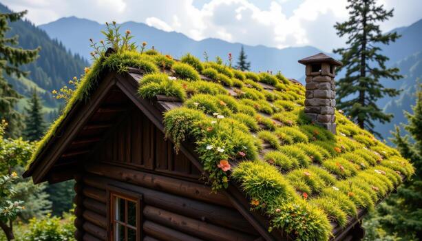a cabin roof in the mountains overrun with soft moss, tiny plants, and sprouting greenery, blending seamlessly with nature in total silence. photo
