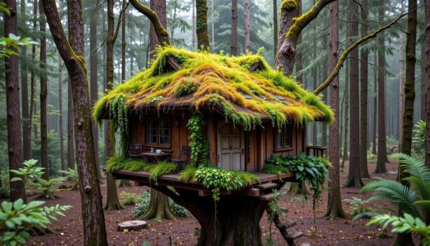 a treehouse roof covered with vegetation, overgrown with moss, vines, and small ferns in the middle of a quiet forest with no animals nearby. photo