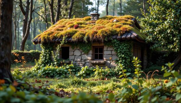 a rural structure with a roof buried in vegetation, completely camouflaged by moss, grass, and ivy under soft light. photo