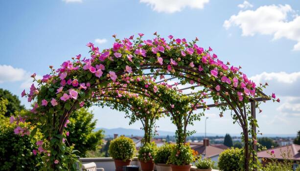 a rooftop canopy formed from looping arches of honeysuckle and clematis flowers, gently fragrant. photo